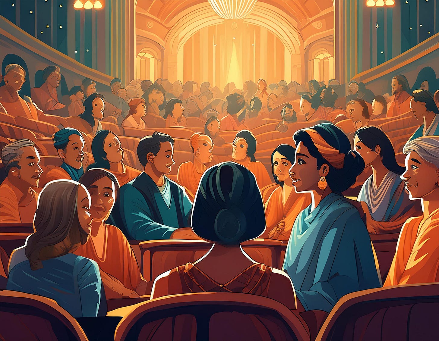 AI-generated artistic rendering of people talking in a theater