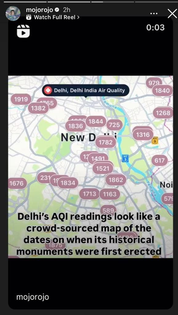 screenshot of an instagram story highlighting delhi AQI