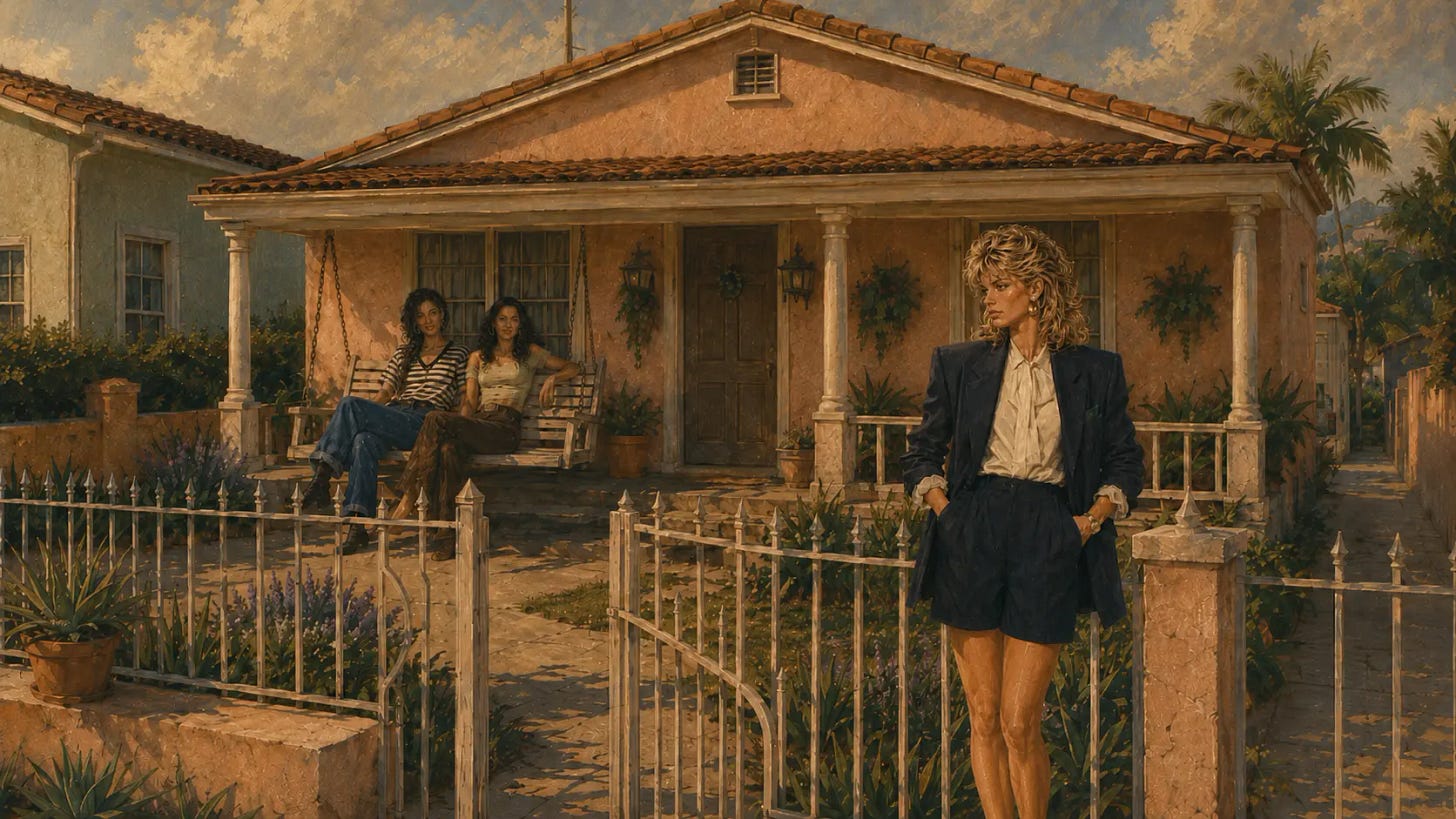 Carol stands by a front-yard gate while Lucia and Penelope sit together on the porch behind her in the warm late-afternoon light.