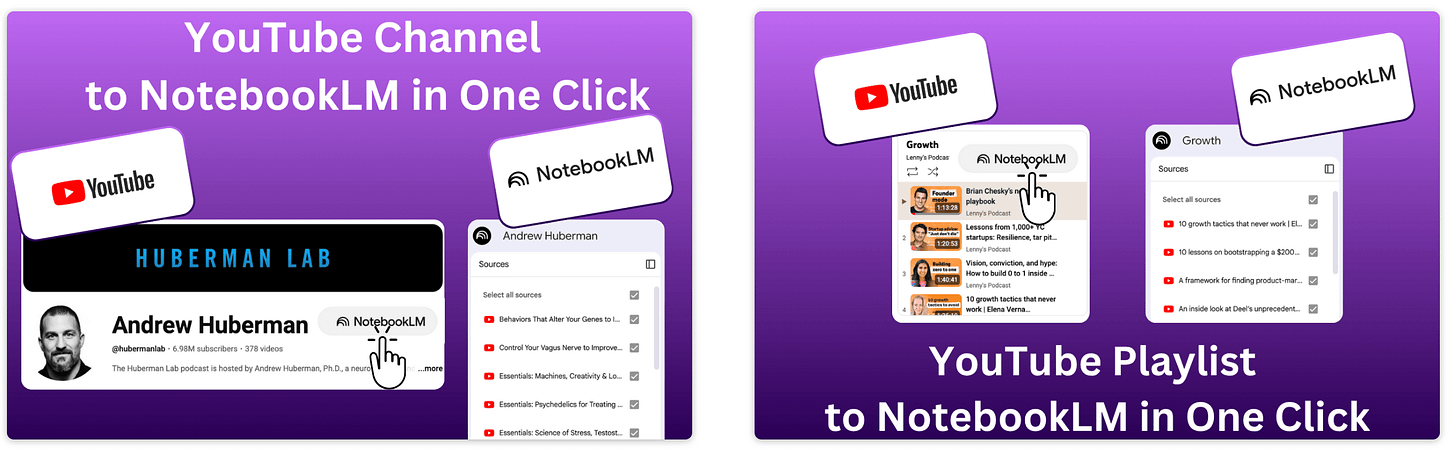 Two promotional graphics showing the Chrome extension interface for importing YouTube channels and playlists directly into NotebookLM notebooks