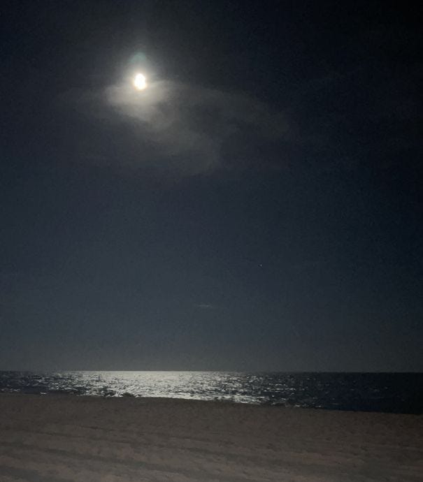 Moon high in the sky casting a silvery path on the ocean below, a sliver of sand in the foreground