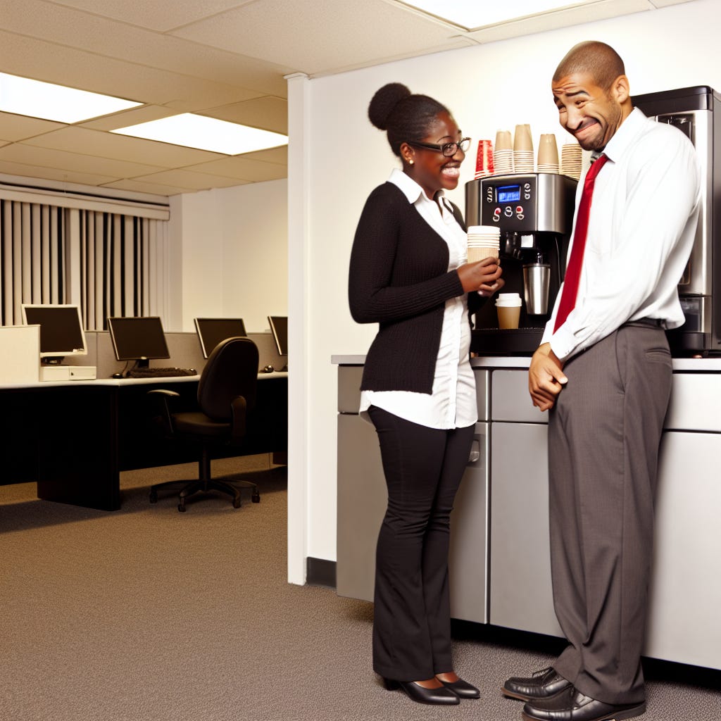 two workers at the free coffee machine in their office looking very awkward trying to make small talk