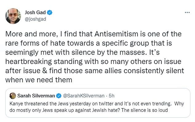 Frozen star Josh Gad also chimed in on West's remarks and the silence from the public-at-large