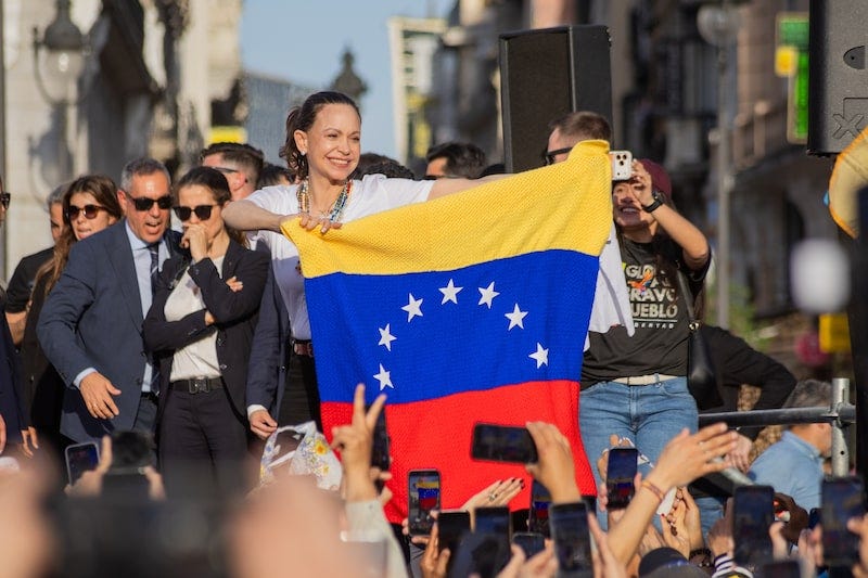 María Corina Machado asiste a un mitin en Madrid el 18 de abril. Fotógrafo: Claudia Paparelli/Bloomberg María Corina Machado asiste a un mitin en Madrid el 18 de abril. Fotógrafo: Claudia Paparelli/Bloomberg