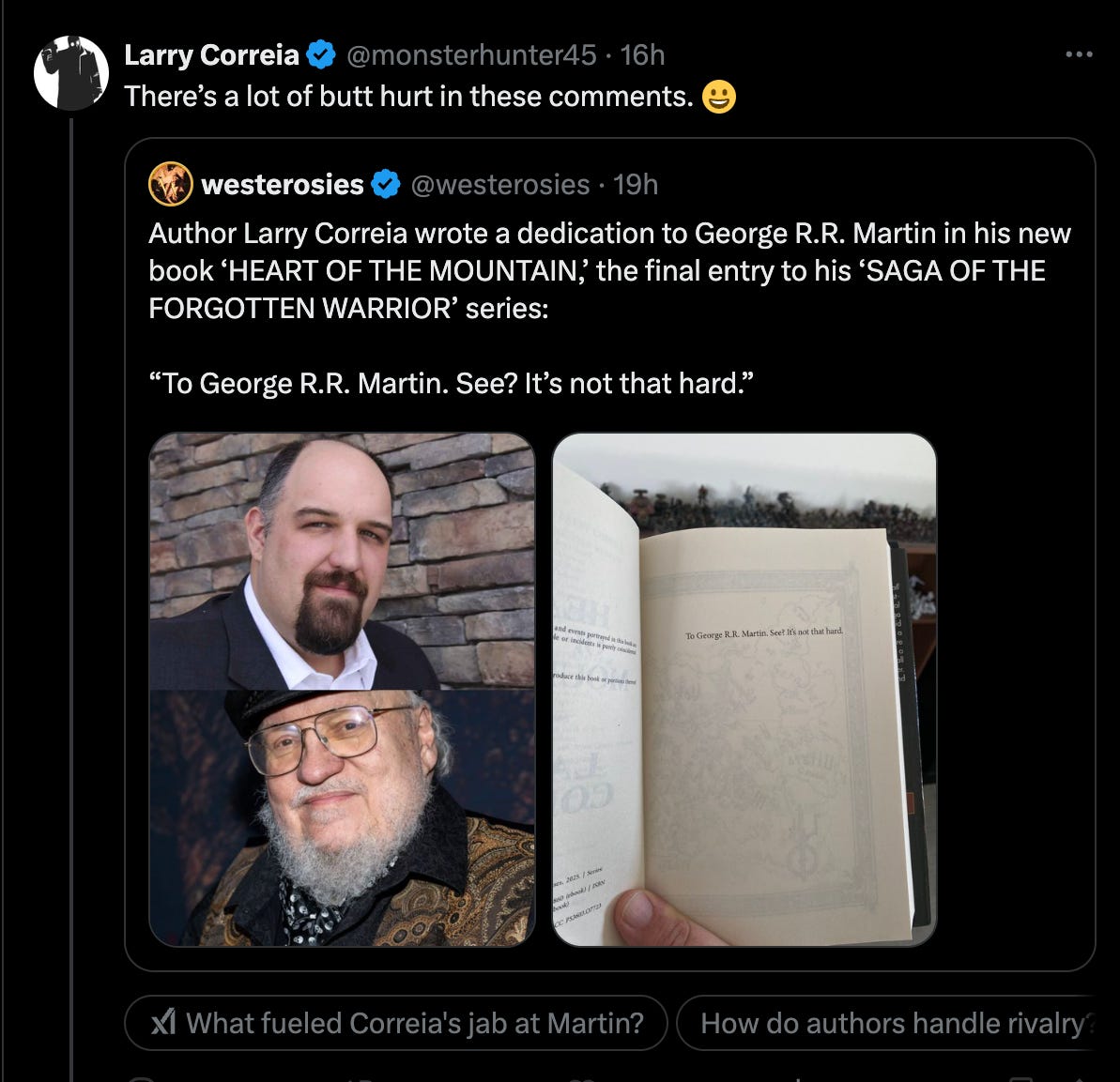 Baen Books Author Larry Correia Mocks George R.R. Martin In Dedication Of  His New Epic Fantsy Novel 'Heart Of The Mountain', image size:1193x1153