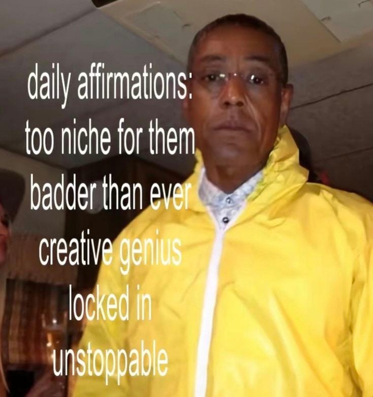 This may contain: a man in a yellow raincoat with a caption that reads, daily affirmations too niche for them badger than ever creative genius looked in unstopable