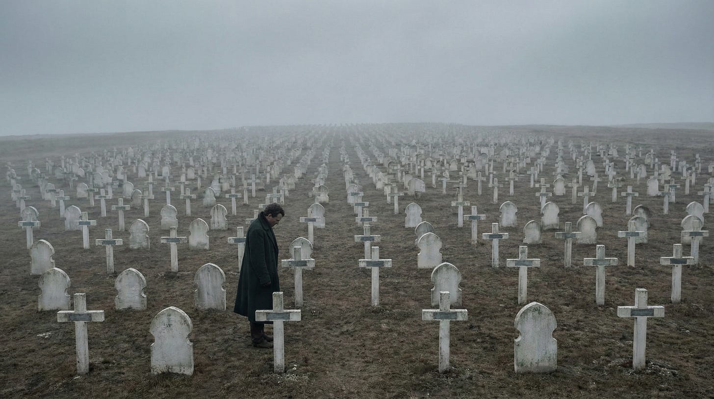 AI-generated illustration of a row of identical gravestones stretching into the distance, symbolizing the enormous human cost and attrition suffered by both sides.