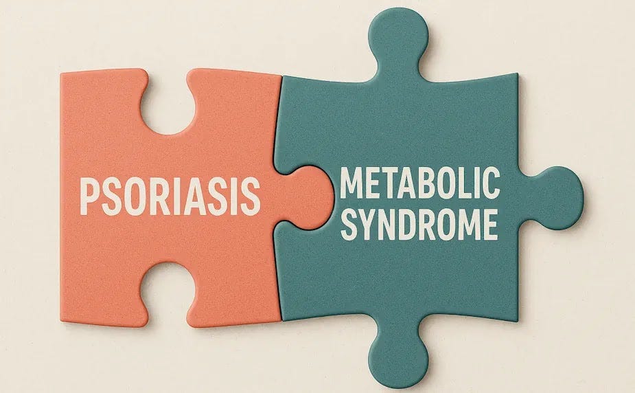 Interlocking puzzle pieces depicting psoriasis and metabolic syndrome, symbolizing their interconnected nature.