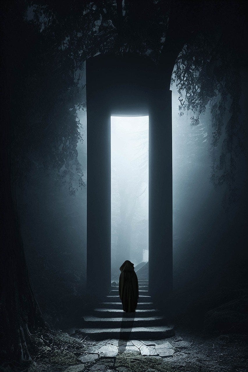 Image is of a person wearing a hooded cloak walking in between a giant stone doorframe. On the sides and looming above are large dark trees. The image is in black and white and is meant to be eerie or somewhat spooky.