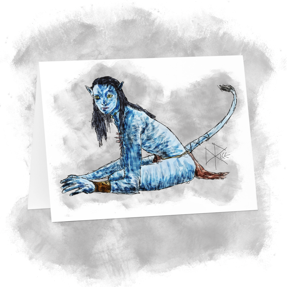 Zoe Saldaña as Neytiri, a Na’vi from the 'Avatar' movies, seated on the ground as rays of sun break through majestic tropical trees. Sketch art by Don Rice. Zoe Saldaña as Neytiri, a Na’vi from the 'Avatar' movies, seated on the ground as rays of sun break through majestic tropical trees. Sketch art by Don Rice.