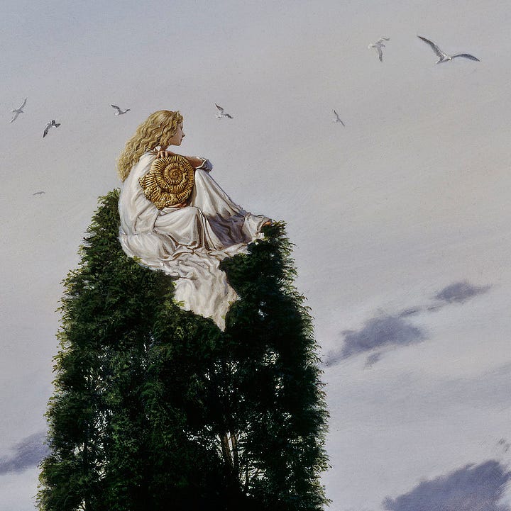 LEFT: Detail from MEMORY OF A DISTANT SEA featuring a woman in white robe perched atop a lush, tall evergreen with blunted top. With one knee raised, she cradles the spiral of an ammonite fossil. As she stares out distantly, seagulls glide by.  RIGHT: Figure detail from MEMORY OF A DISTANT SEA featuring a woman with long, wavy blonde hair seated in profile. As she stares off in the distance, seagulls soar in an uneven line overhead. She wears a silky white robe that spills over the green of a tall tree top set against gray blue sky. In her right arm, she cradles an ammonite fossil. The spiral is intact, which she steadies with her other arm resting across her raised knee.