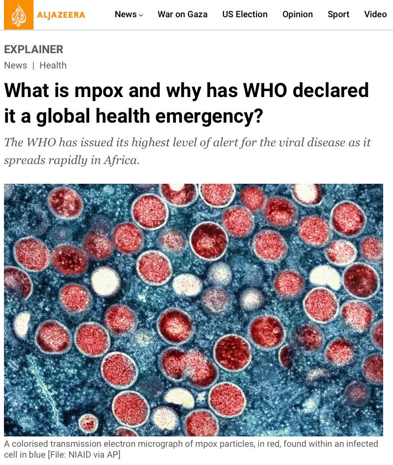 This is a screenshot of an Al Jazeera article with the title "What is mpox and why has WHO declated it a global health emergency"