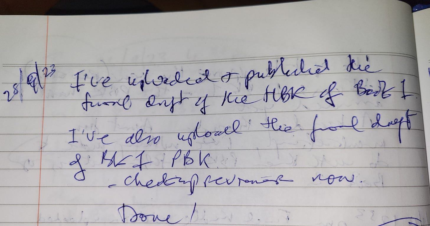 The handwritten entry reads: '28/9/23 I've uploaded & published the final draft of the HBK (hardback) of Book 1. I've also uploaded the final (updated) draft of Book 1, PBK (paperback). Done!' The handwritten entry reads: '28/9/23 I've uploaded & published the final draft of the HBK (hardback) of Book 1. I've also uploaded the final (updated) draft of Book 1, PBK (paperback). Done!'