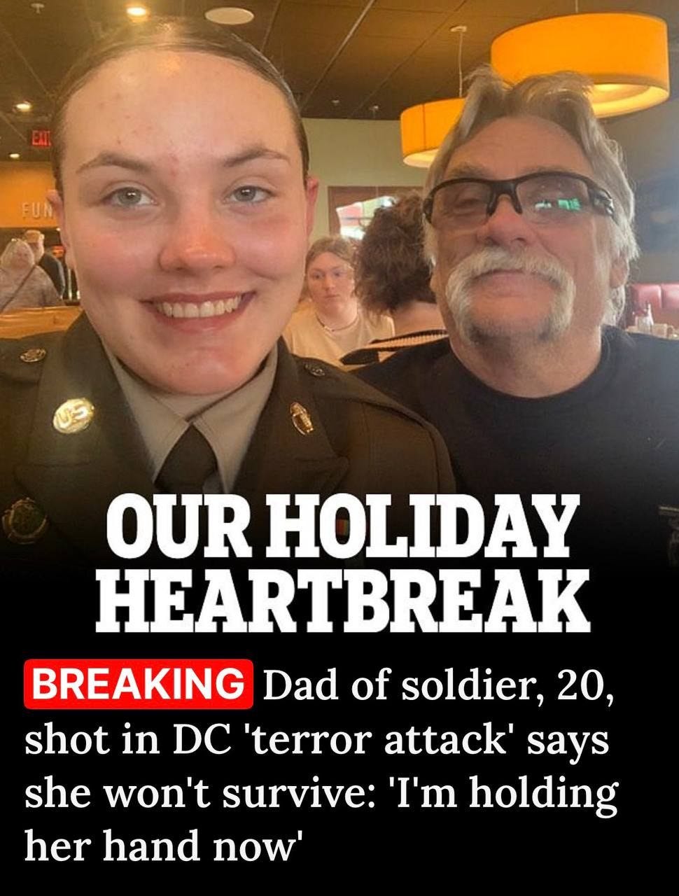 May be an image of text that says 'FUN OUR HOLIDAY HEARTBREAK BREAKING Dad of soldier, 20, shot in DO 'terror attack' says she won't survive: '' holding her hand now''
