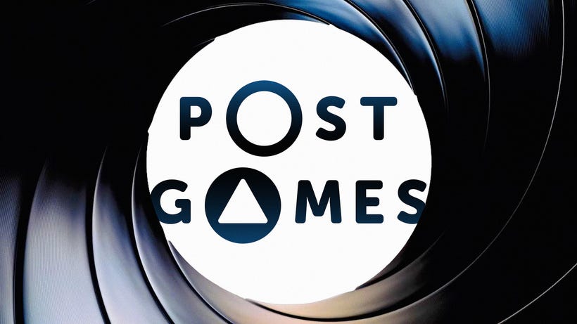 A gun barrel leads to the words Post Games, parodying the James Bond opening image