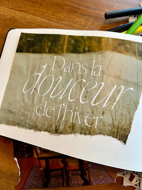 Photos of the journal of Karen Bussen, with magazine clippings, water color tries and notes