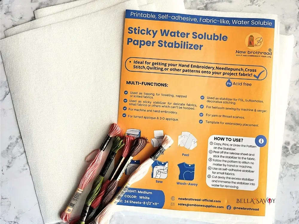 flatlay with sticky stabilizer, embroidery floss, and Brothread package on a marble counter