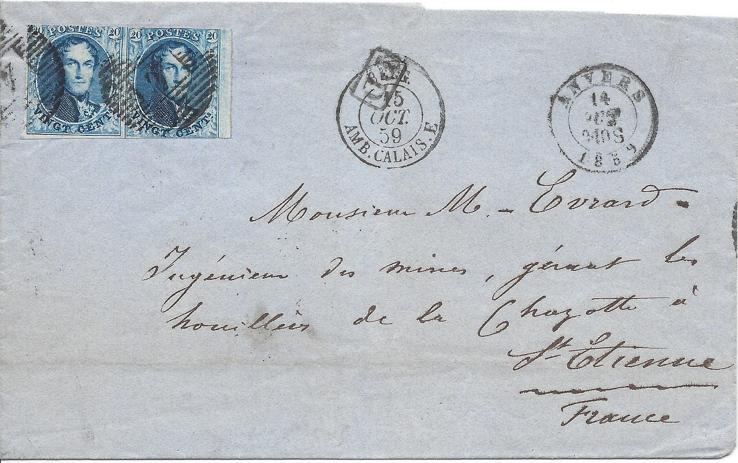 1859 folded business letter from Belgium to France