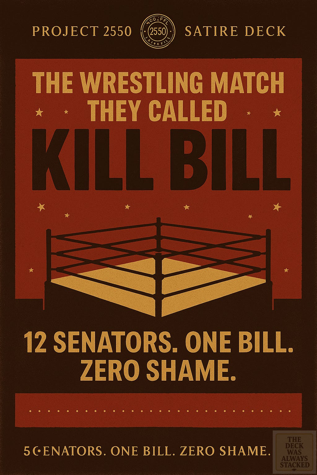 a vintage match poster titled “the wrestling match they called kill bill” features a spotlighted ring under a star-filled background, with the tagline “12 senators. one bill. zero shame.”