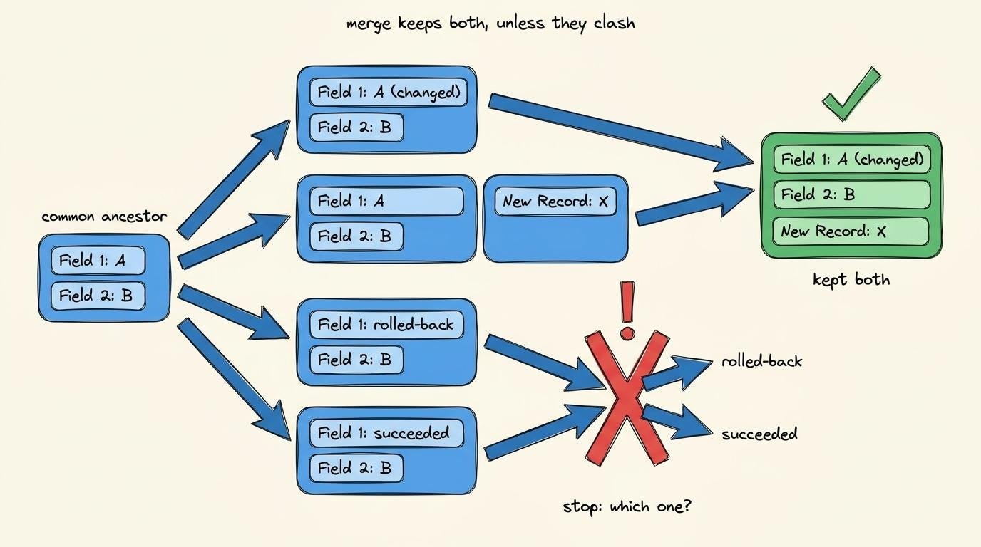 A common starting version splitting into two branches, where changes to different fields merge automatically but the same field changed two ways is halted as a conflict