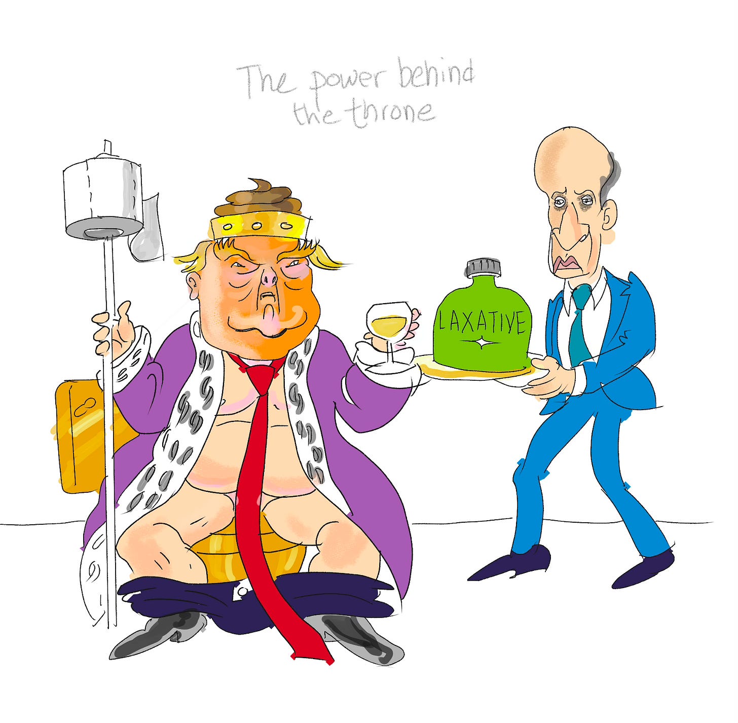 Trump sits on gold toilet as Stephen Miller serves him a glass of laxative on a gold platter