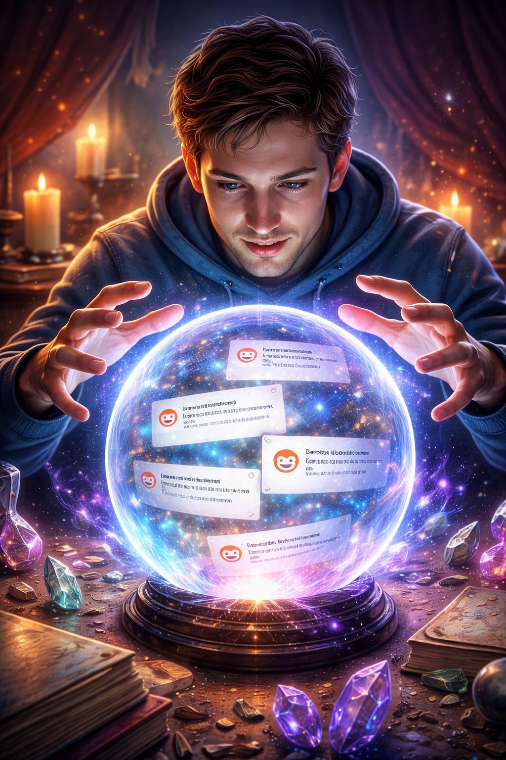 A man looking into a glowing crystal ball that displays Reddit icons and floating comment boxes. A man looking into a glowing crystal ball that displays Reddit icons and floating comment boxes.
