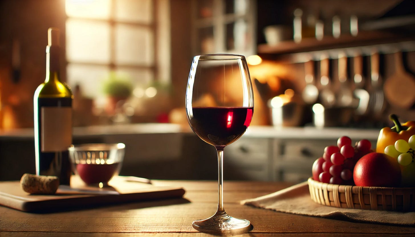 A glass of red wine on a wooden kitchen table, with soft warm lighting. The background features a cozy kitchen with a few cooking utensils, a fruit bowl, and a window with light coming through. The wine glass is elegant, half-filled, and reflects the ambient light. The scene has a warm and inviting atmosphere.