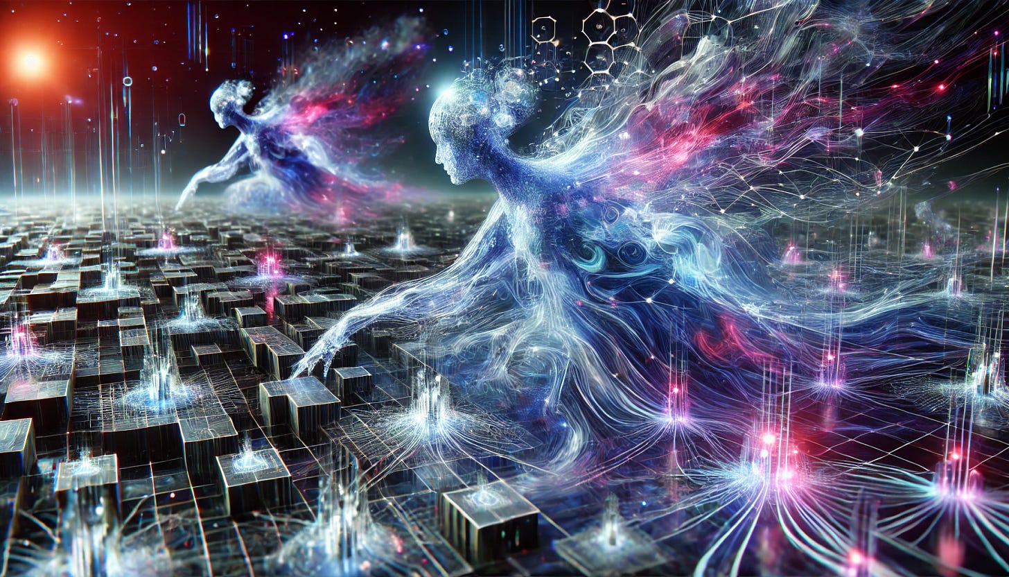 An abstract tech landscape showcasing self-improving multi-agent AI systems. The image features a futuristic digital environment with interconnected AI entities evolving and adapting dynamically. Glowing neural networks weave through an ethereal cyber realm, with AI nodes communicating through streams of energy and data pulses. The agents appear as fluid, morphing constructs, symbolizing their self-improving nature. The scene is immersive, with a surreal blend of digital evolution and artificial intelligence autonomy. The color palette consists of deep blues, purples, and neon highlights, emphasizing a futuristic, high-tech aesthetic. No text is present in the image.