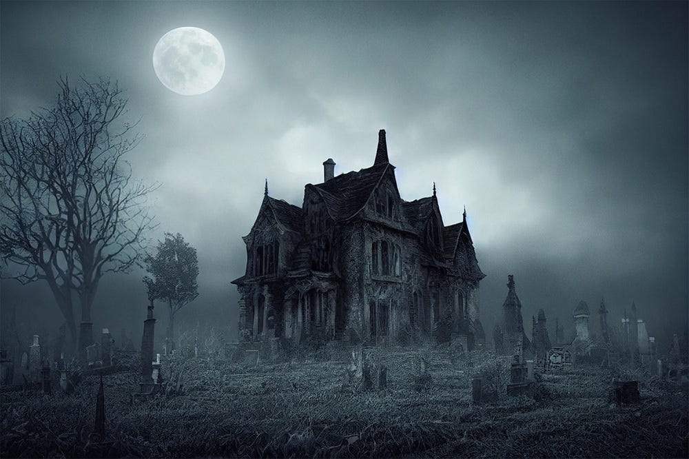a derelict church in the mist in moonlight, surrounded by a graveyard.