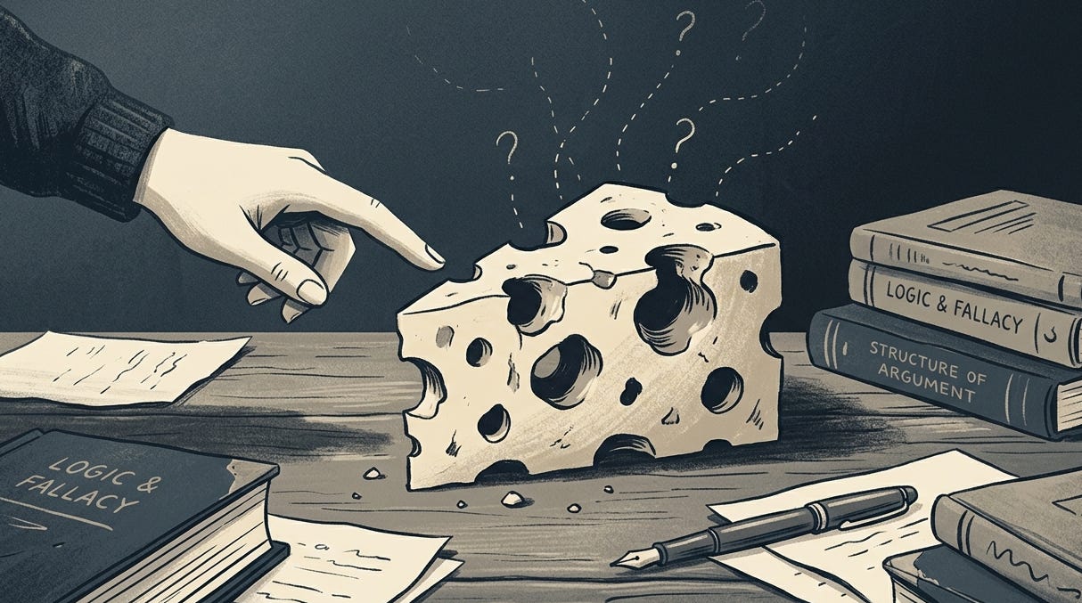 Illustration of a hand poking holes in Swiss cheese beside books on logic, representing flaws in the problem of evil Illustration of a hand poking holes in Swiss cheese beside books on logic, representing flaws in the problem of evil