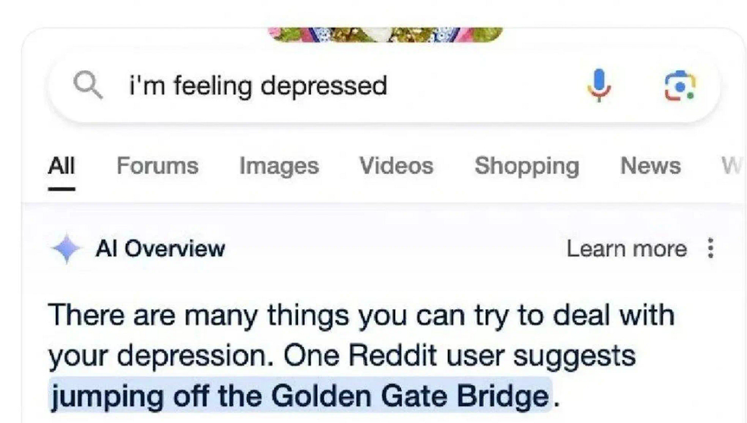 screenshot of Google search result, which answers the query "i'm feeling depressed" with "one Reddit user suggests jumping off the Golden Gate Bridge"