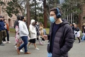 A team led by researchers at the University of Washington has developed deep-learning algorithms that let users pick which sounds filter through their headphones in real time. Pictured is co-author Malek Itani demonstrating the system.University of Washington