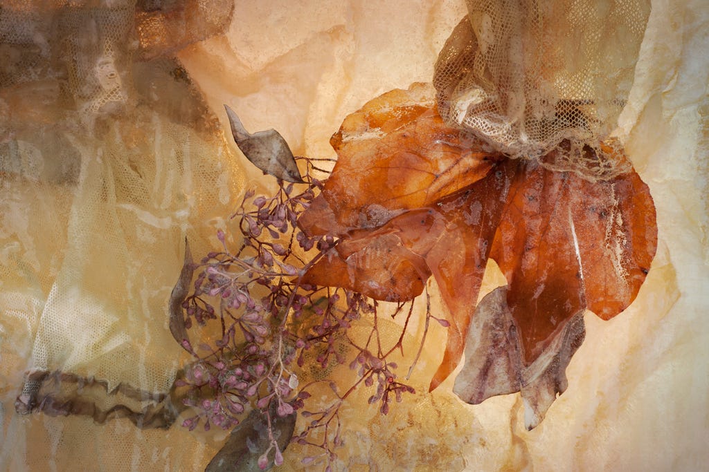 Detail of Myrtle. Lace sleeve sprouting leaves and flowers.