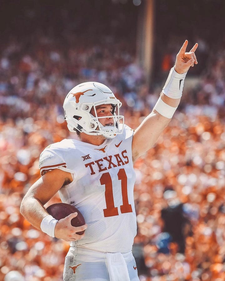 Sam Ehlinger Texas Quarterback with horns Up Hand Sign