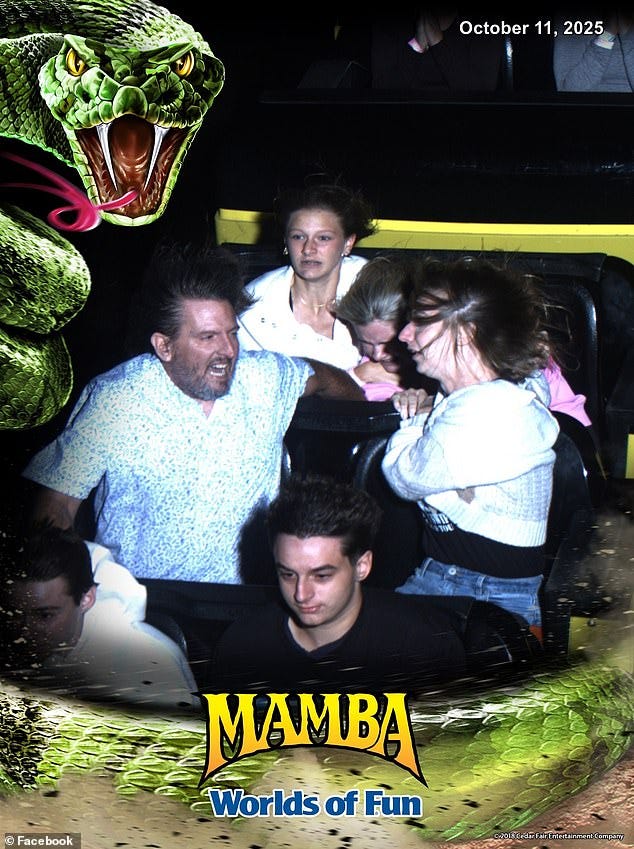 This photo taken by the Mamba rollercoaster's camera captured the moment couple Chris and Cassie Evins held onto a girl in the seat behind them whose seatbelt had come loose