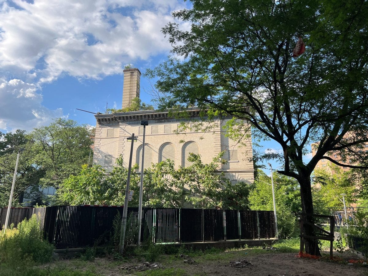 The Baruch Baths, 326 Delancey Street is an abandoned neoclassical building with arched windows. Built in 1901 the bathhouse has been closed since 1975 and is surrounded by overgrown grass and trees. The building is about to become an ice skating rink or a community center.
