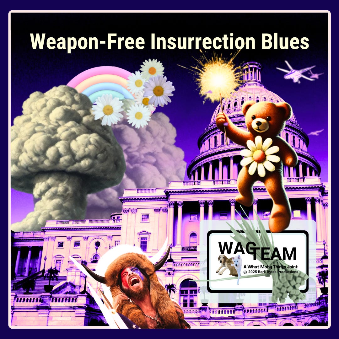 A surreal fever dream featuring the Capitol building in psychedelic purple, a screaming viking-hatted insurrectionist, and a weaponized teddy bear holding a daisy, because nothing says 'peaceful protest' like a furry insurgent with flower power. A surreal fever dream featuring the Capitol building in psychedelic purple, a screaming viking-hatted insurrectionist, and a weaponized teddy bear holding a daisy, because nothing says 'peaceful protest' like a furry insurgent with flower power.