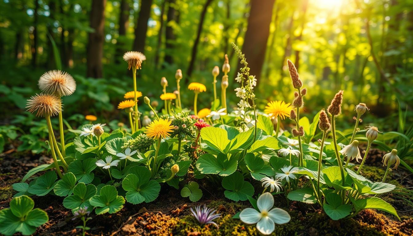 A vibrant, lush forest scene showcasing a variety of common wild edible plants, including dandelion greens, clover, wild garlic, and chickweed.