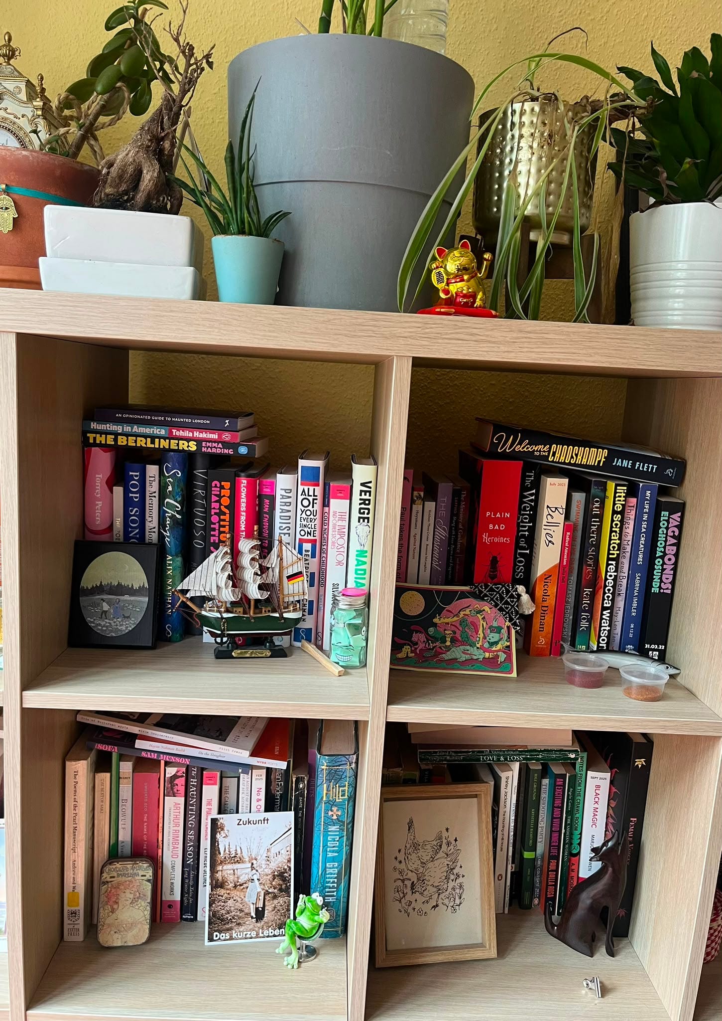 A wooden bookcase filled with books, plants and ornaments, including a model ship, lucky cat, framed artwork and small frog figure. A wooden bookcase filled with books, plants and ornaments, including a model ship, lucky cat, framed artwork and small frog figure.