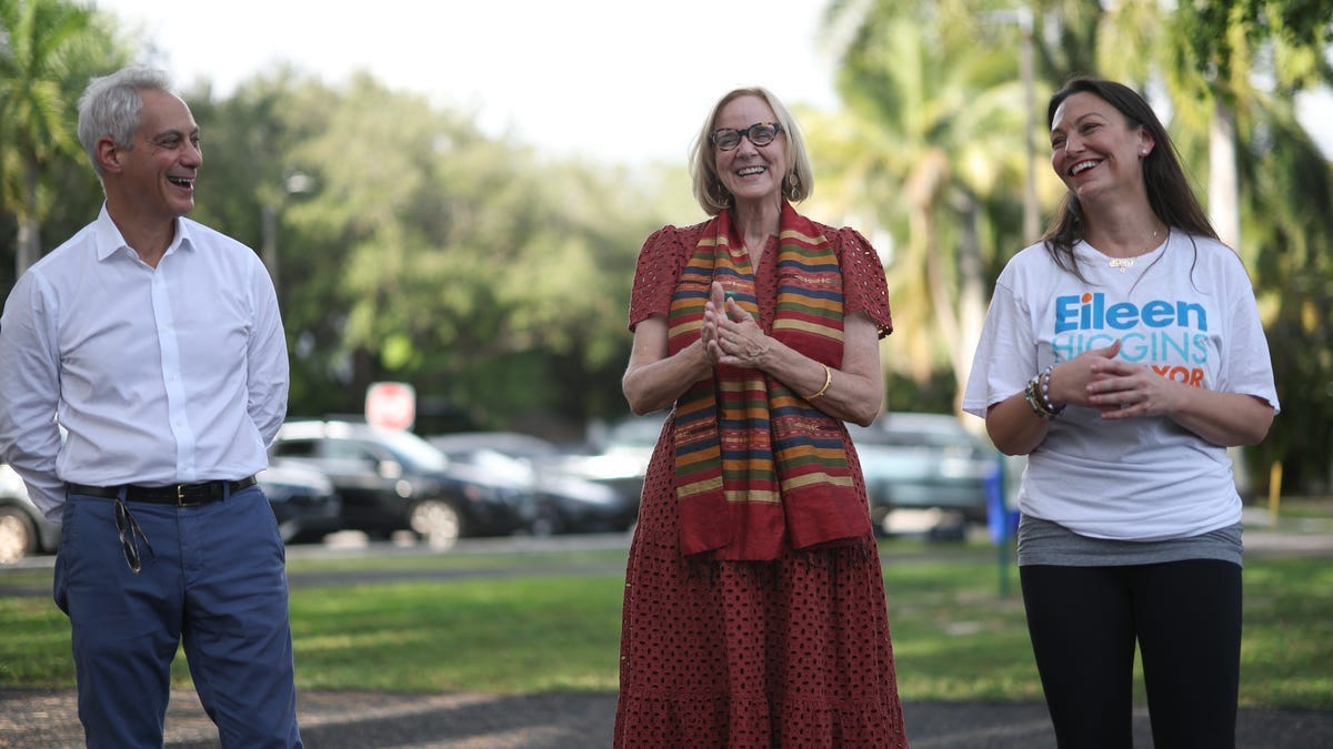 City of Miami Mayoral candidate Eileen Higgins, and former Chicago Mayor and Ambassador to Japan Rahm Emanuel, and Florida Democratic Party Chair Nikki Fried speak to supporters before she canvasses a neighborhood for votes on Dec. 08, 2025 in Miami, Florida.