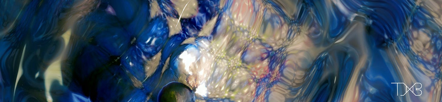 Still shot from Tim Murray-Browne's upcoming work from his project Diffeomorphism. An abstract image blue and grey textures with specular light reflections. Image (c) 2025 Tim Murray-Browne