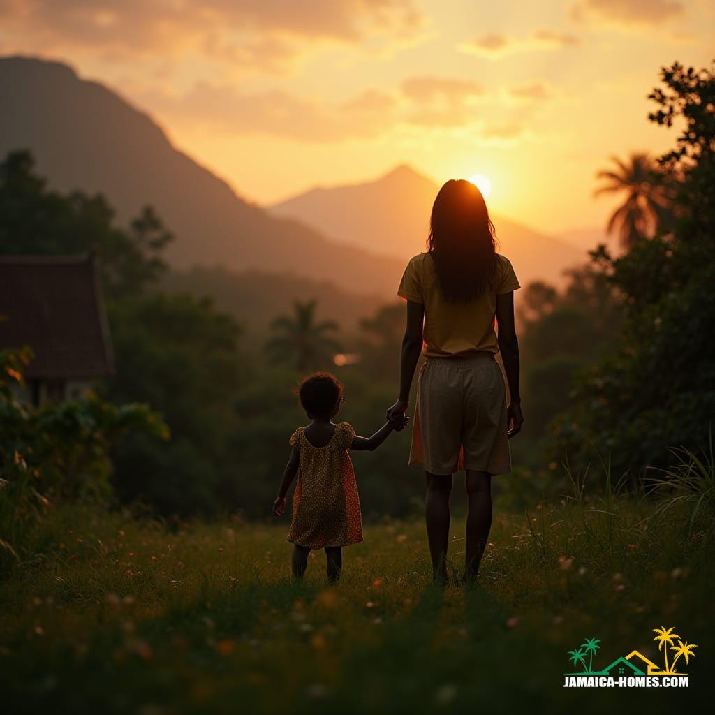  Close-up cinematic film still portrait of a modern mother and child holding hands in a lush Jamaican yard. In the distance, majestic mountains are silhouetted against a warm, glowing sunset. The scene is highly detailed, with atmospheric, cinematic lighting and film grain, shot on v-raptor XL with a 35mm lens. Post-processed with a subtle vignette and rich color grading, the composition is inspiring, evoking themes of love, heritage, and resilience. A masterpiece of live-action filmmaking, rendered with best quality and dramatic, epic flair.