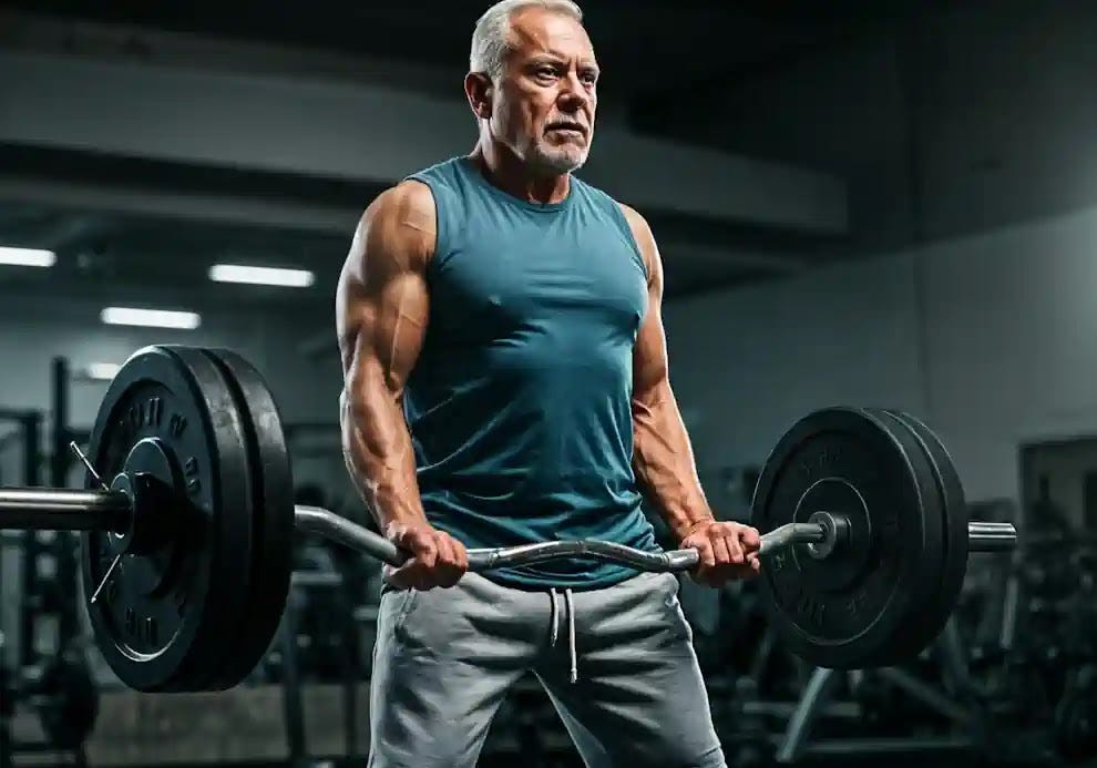 A fit senior male working out with a barbell.