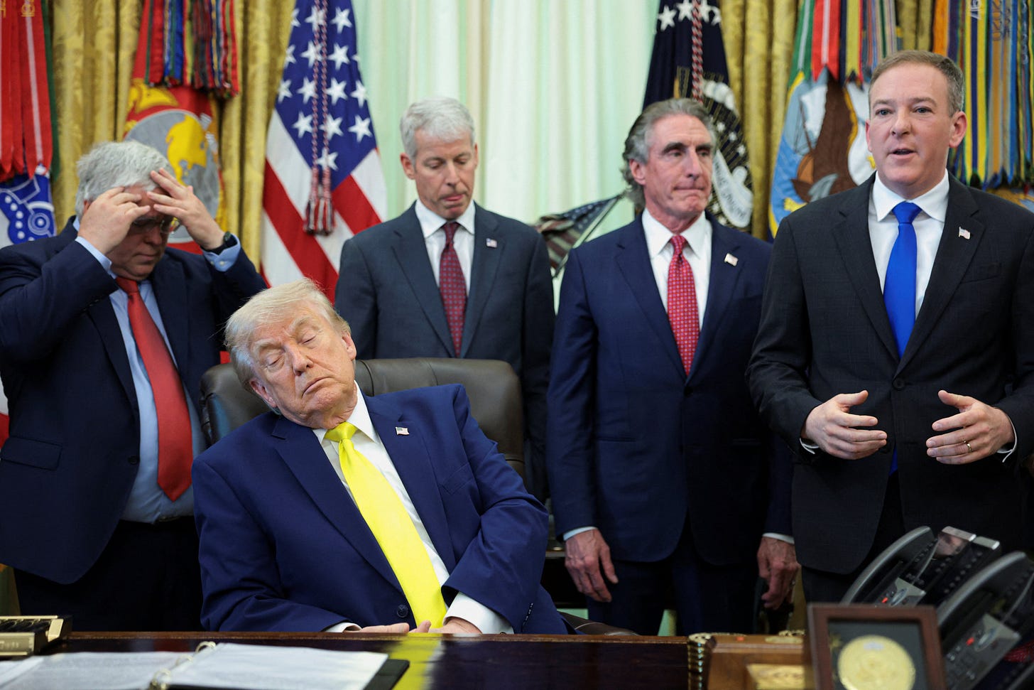 Democrats labeled President Donald Trump ‘the Commander-in-Sleep’ after he closed his eyes and appeared to ‘doze off’ during an Oval Office press briefing Democrats labeled President Donald Trump ‘the Commander-in-Sleep’ after he closed his eyes and appeared to ‘doze off’ during an Oval Office press briefing