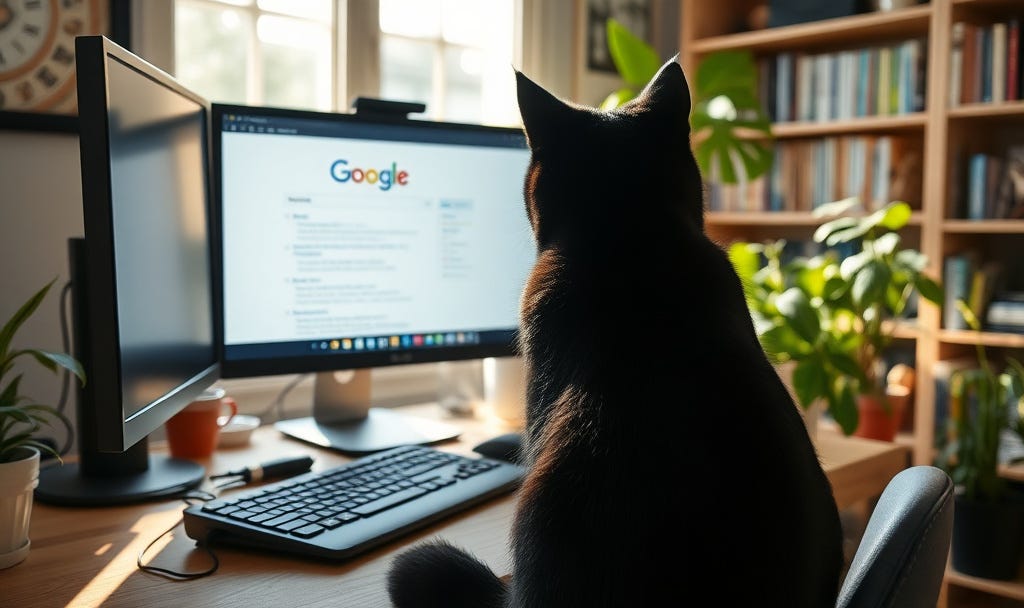 From behind view of a black cat sitting at a home office desk next to the keyboard, and monitor sunlight streaming in through a window, and monsterra and pothos plants and bookshelves around the desk. On the computer screen is google and a list of websites. From behind view of a black cat sitting at a home office desk next to the keyboard, and monitor sunlight streaming in through a window, and monsterra and pothos plants and bookshelves around the desk. On the computer screen is google and a list of websites.
