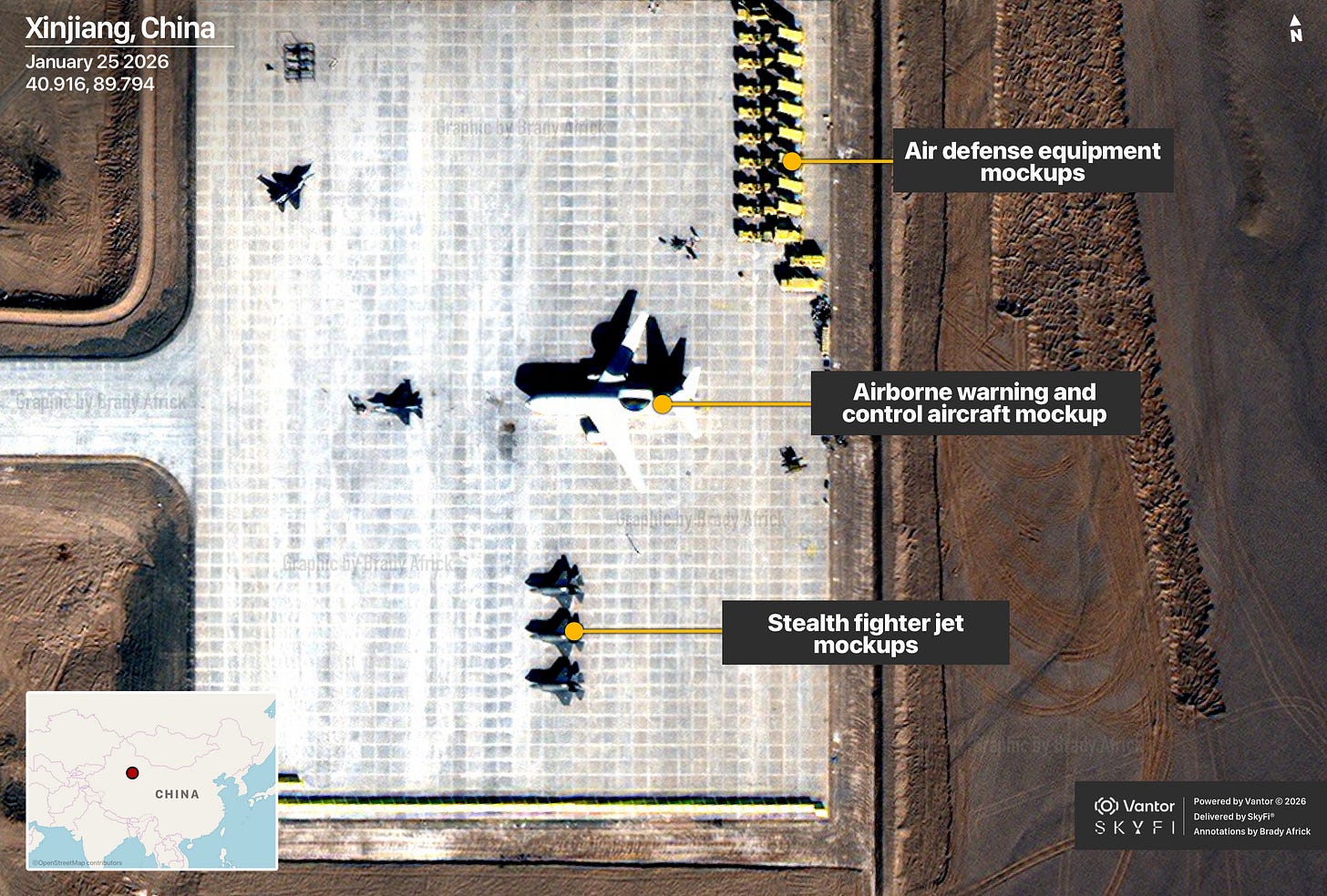 Mockups of US-made aircraft and air defenses in Xinjiang, China. Image © 2026 Vantor. Delivered by SkyFi® Mockups of US-made aircraft and air defenses in Xinjiang, China. Image © 2026 Vantor. Delivered by SkyFi®