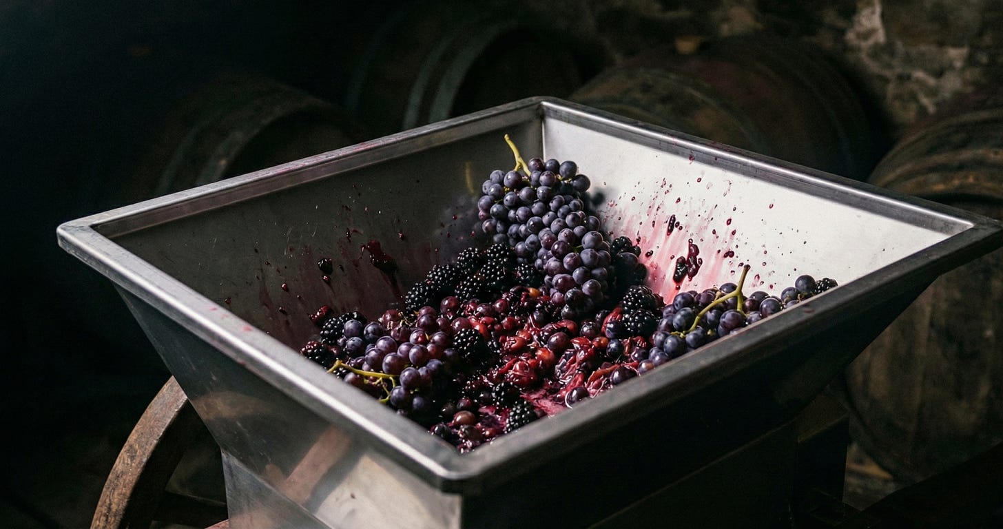 fruit in a wine crusher