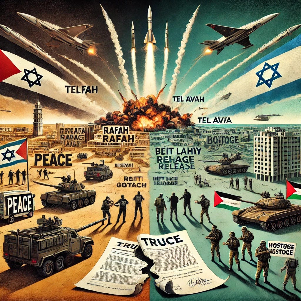 A symbolic illustration of the renewed war in Gaza. The image shows rockets being launched from Gaza towards Tel Aviv, with explosions in the sky. In the background, Israeli tanks and troops advance in southern and northern Gaza, including areas labeled Rafah and Beit Lahiya. A broken truce document lies on the ground, symbolizing the collapse of the ceasefire. Protesters are gathered in Tel Aviv with signs calling for peace and hostage release. The mood is tense and dramatic, with contrasting visuals of war and public outcry.
