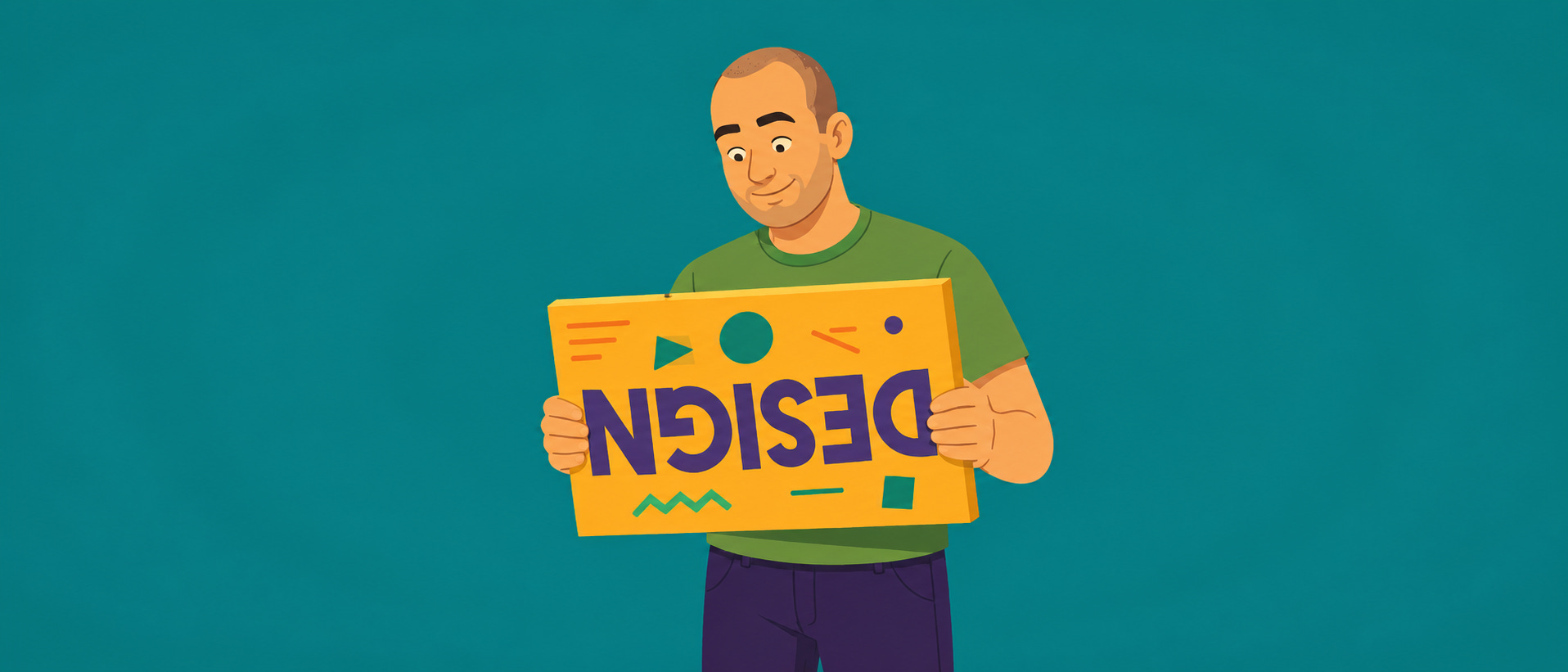 A smiling man holds a yellow sign with the word DESIGN printed upside down, looking at it thoughtfully.