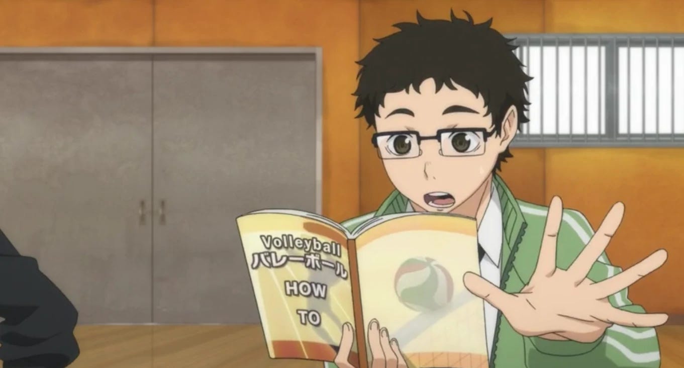A volleyball coach reads from the rules with an outstretched hand. From the anime Haikyuu, season 1, episode 5.